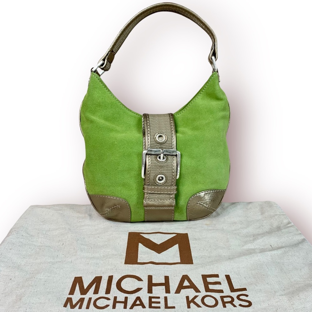 MICHAEL Michael Kors Lime Green Suede Hutton Hobo Bag with Gold Leather Accents